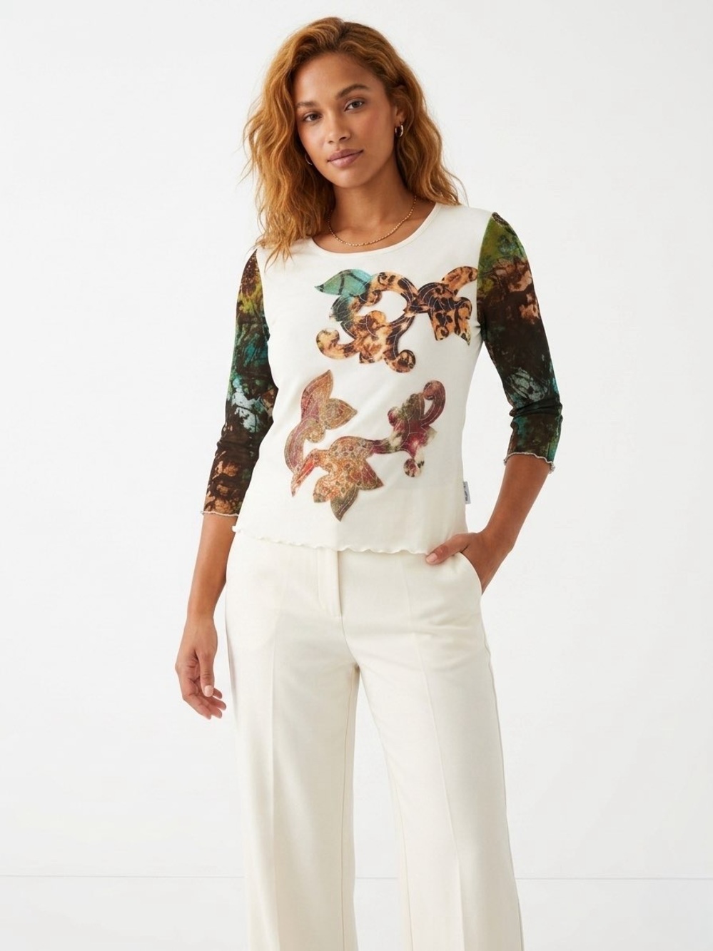 Cote Anglaise Mesh Graphic Patchwork Top Leaf Trim Cream⁠ Y2K Style Size Small